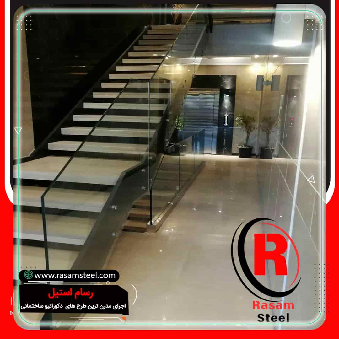 اجرای راه پله دوبلکس فلزی نرده شیشه ای