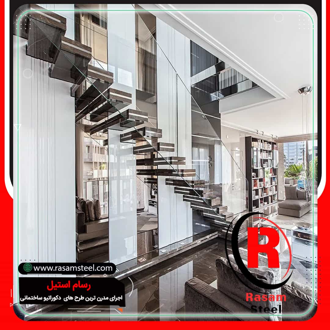 اجرای راه پله معلق مدرن کنار دیوار