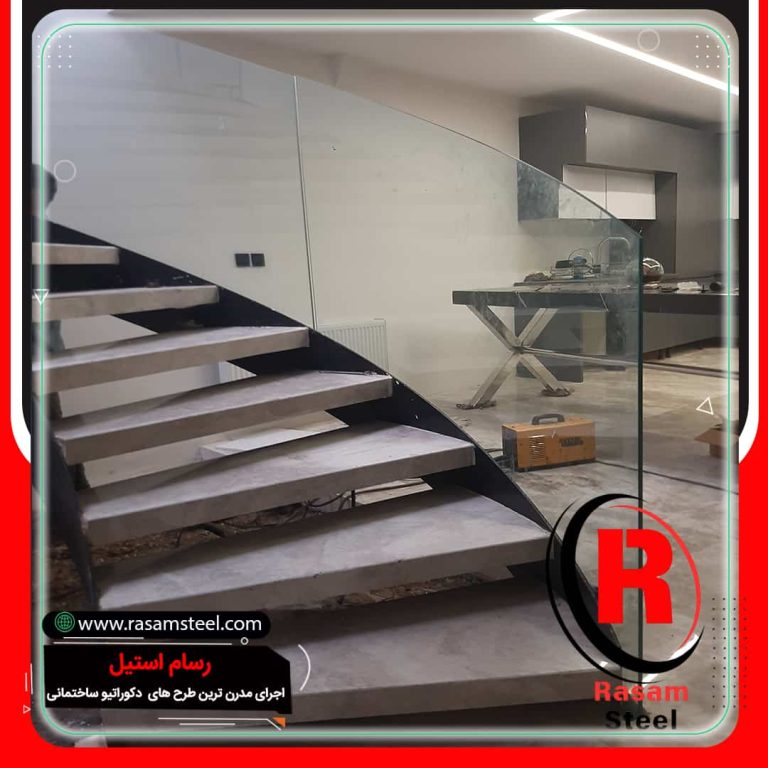 پروژه ساخت نرده شیشه ای فیکس پوینت پله منحنی