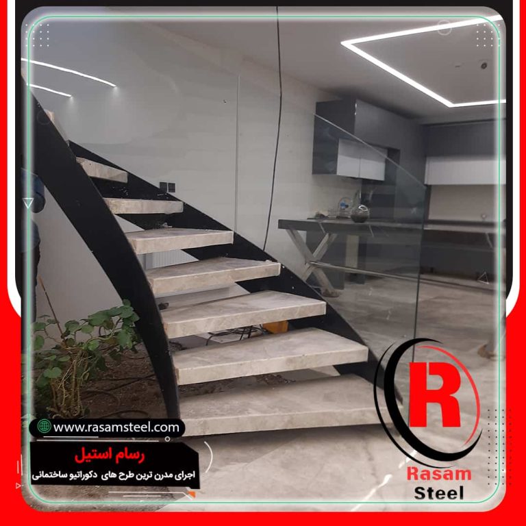 پروژه ساخت نرده شیشه ای فیکس پوینت پله منحنی