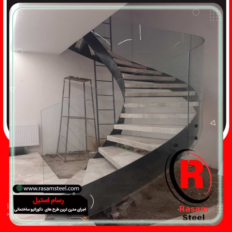 پروژه ساخت نرده شیشه ای فیکس پوینت پله منحنی