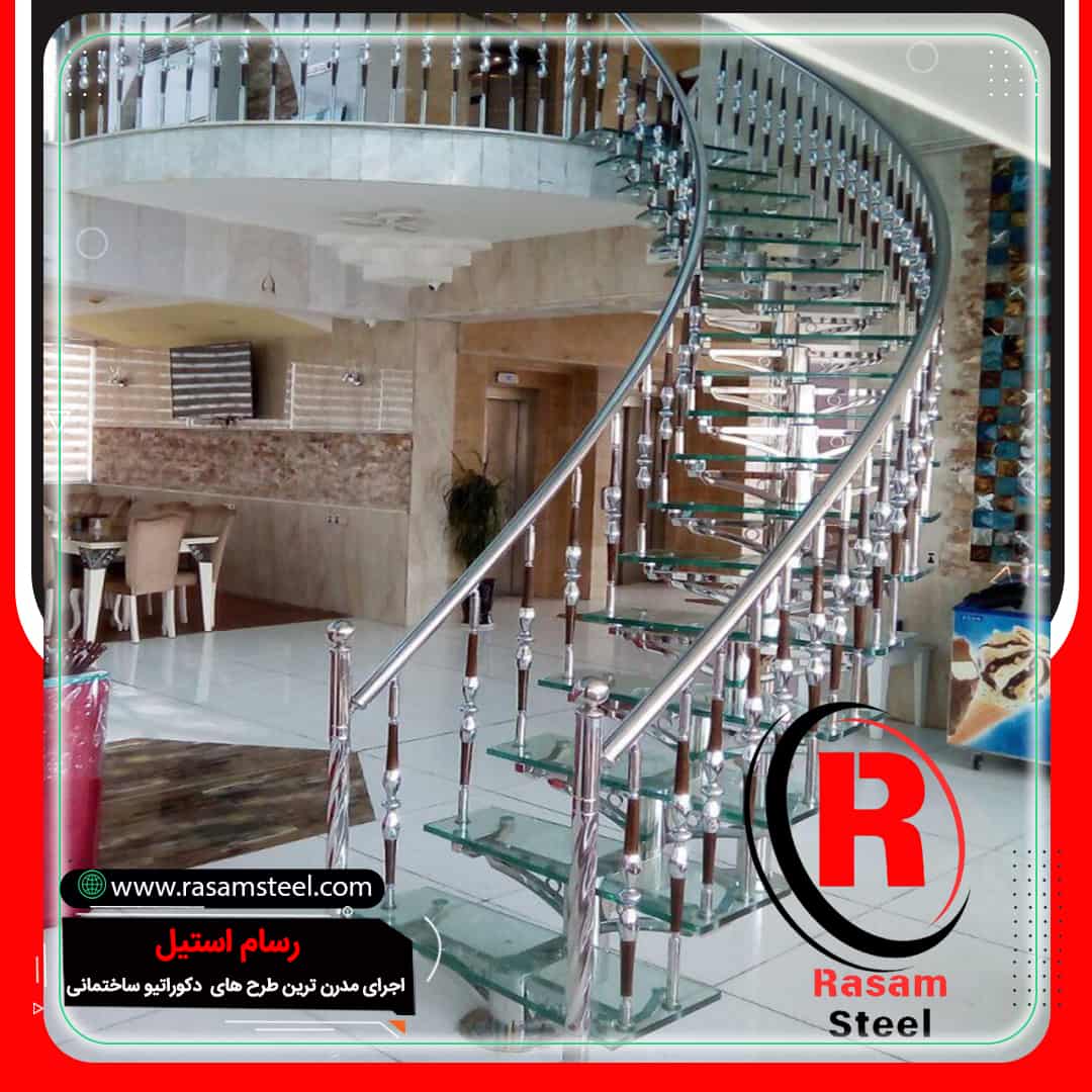 اجرای راه پله استیل شیشه ای دوبلکس گرد