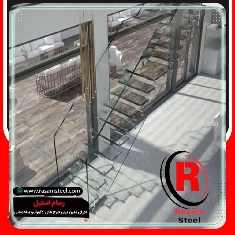 راه پله شیشه ای معلق متصل به کناره های شیشه ای