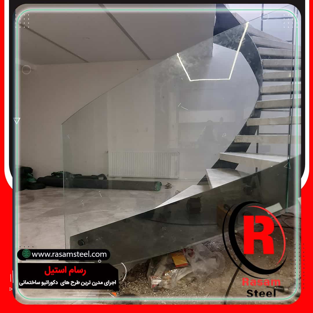پروژه ساخت نرده شیشه ای فیکس پوینت پله منحنی